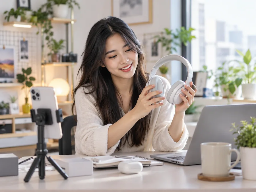 Creator giới thiệu tai nghe trước máy quay — ảnh minh họa
