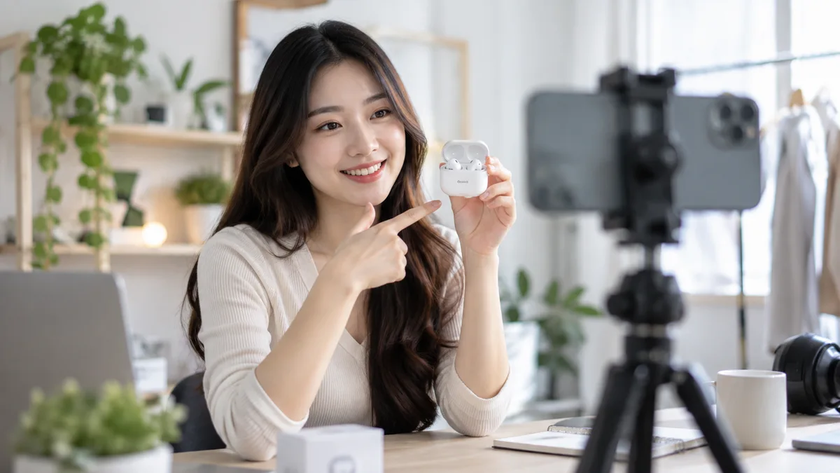 Creator giới thiệu tai nghe trước điện thoại quay video — ảnh minh họa