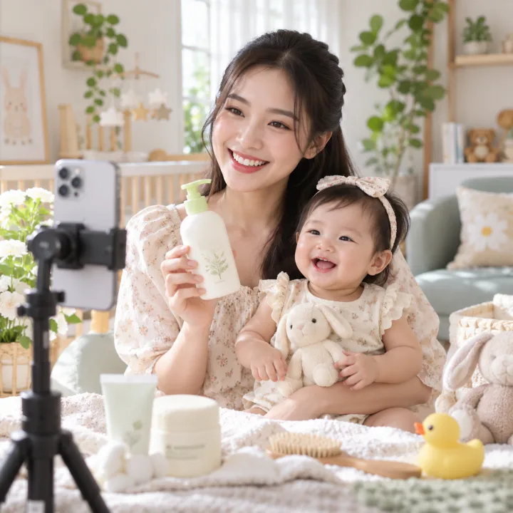 Người chăm sóc giới thiệu sản phẩm cùng em bé — ảnh minh họa